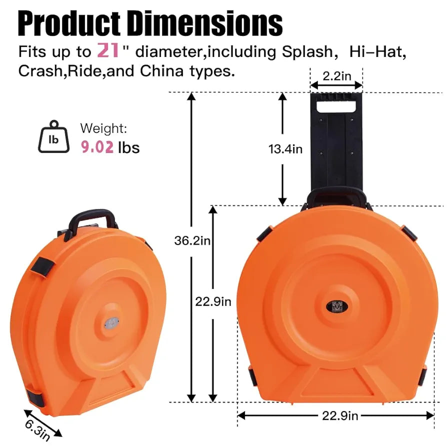 Cymbal Case With Foam-Durable Cymbal Hard Cases, Fits Up to 10 * 21" Cymbals, Design for Drums Cymbal Safety, 22" Rolling Cymbal Cases Upgrade from Cymbal Bag, Cymbal Bags With Wheels, Inferno Orange