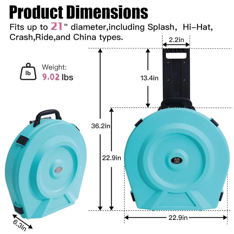 Cymbal Case With Foam-Durable Cymbal Hard Cases, Fits Up to 10 * 21" Cymbals, Design for Drums Cymbal Safety, 22" Rolling Cymbal Cases Upgrade from Cymbal Bag, Cymbal Bags With Wheels, Arctic Mint