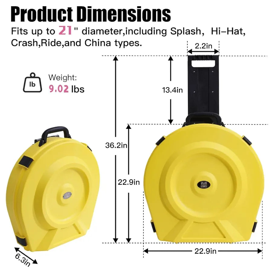 Cymbal Case With Foam-Durable Cymbal Hard Cases, Fits Up to 10 * 21" Cymbals, Design for Drums Cymbal Safety, 22" Rolling Cymbal Cases Upgrade from Cymbal Bag, Cymbal Bags With Wheels, Volt Yellow