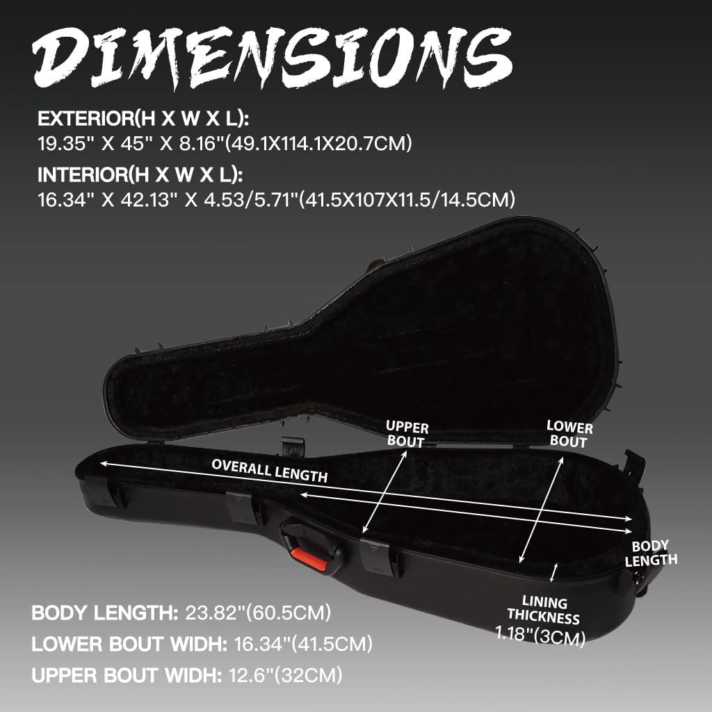 Polypropylene Hard Shell Ultra-Safe 41" 42" Acoustic Guitar Case for Road & Flight, Stackable, Crushproot, Waterproof, Professional Gear for Bands, Touring, Multi-Instrument, Bulk Logistics