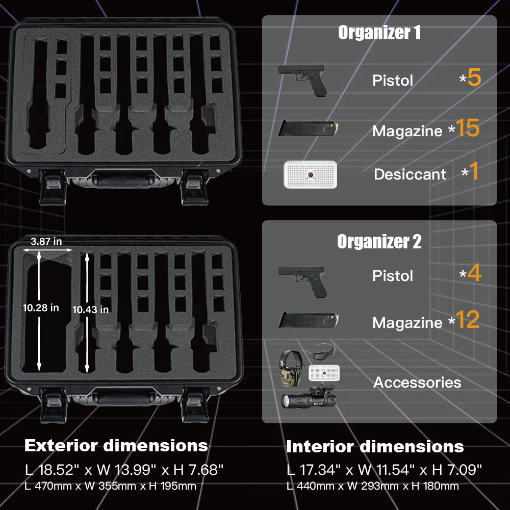 🌟Midnight Black-Pistol Hard Shell Case With Locks Fits 5 Pistol 15 Mags for Handgun Safe