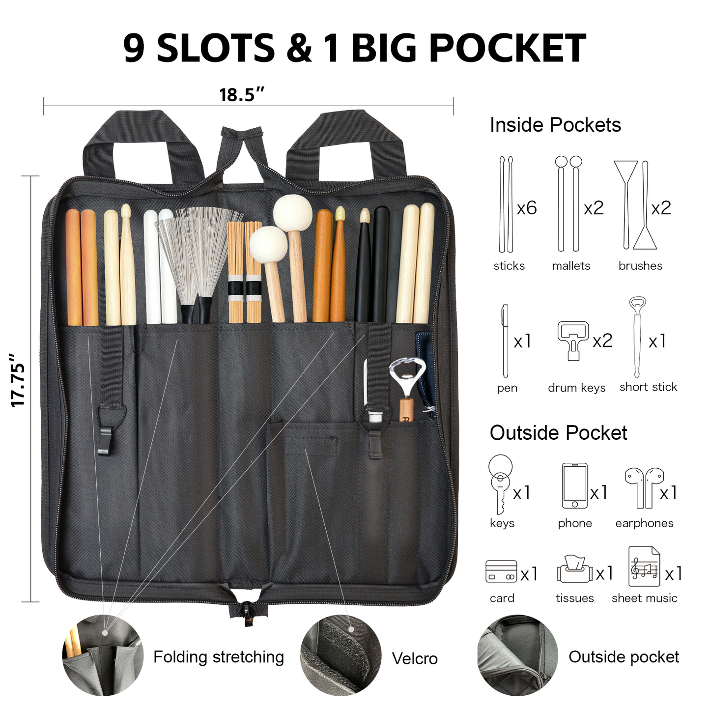 GORPANIX Reflective Drum Stick Bag Built for Gigs & Touring - Large Capacity