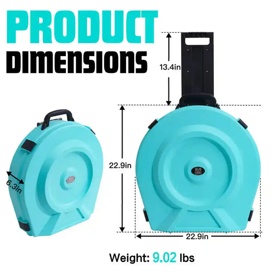 Dimensions of GORPANIX 22" Rolling Cymbal Hard Case-Arctic Mint: 22.9x22.9x6.3 inches, 9.02 lbs, with 13.4-inch retractable handle.