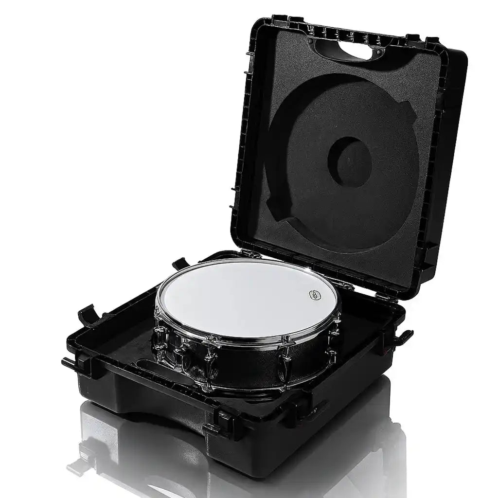 GORPANIX Snare Drum Hard Case-Midnight Black open with 14-inch snare drum inside, showcasing interior padding for secure fit and protection.